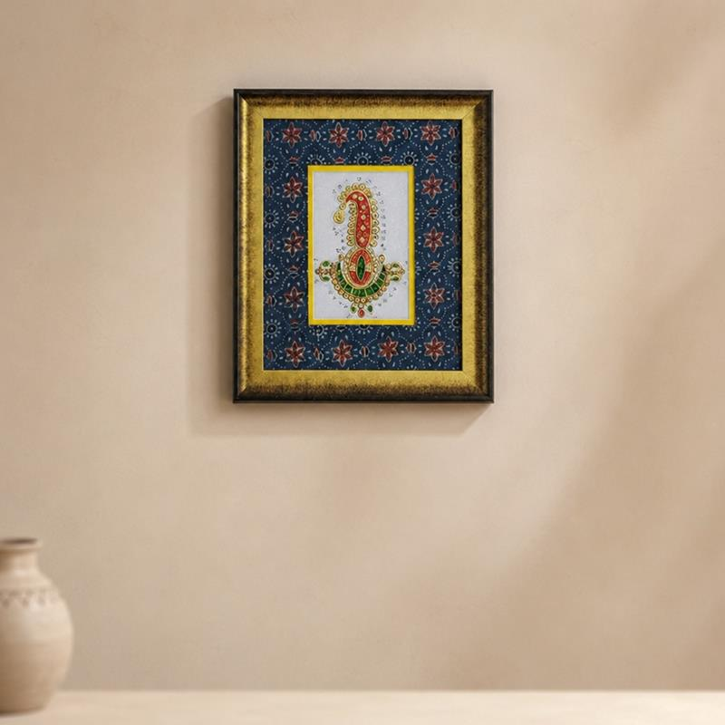 Sang-e-Meena Meenakari Ajrakh Fabric Framed Art, handcrafted Meenakari (Jaipur)