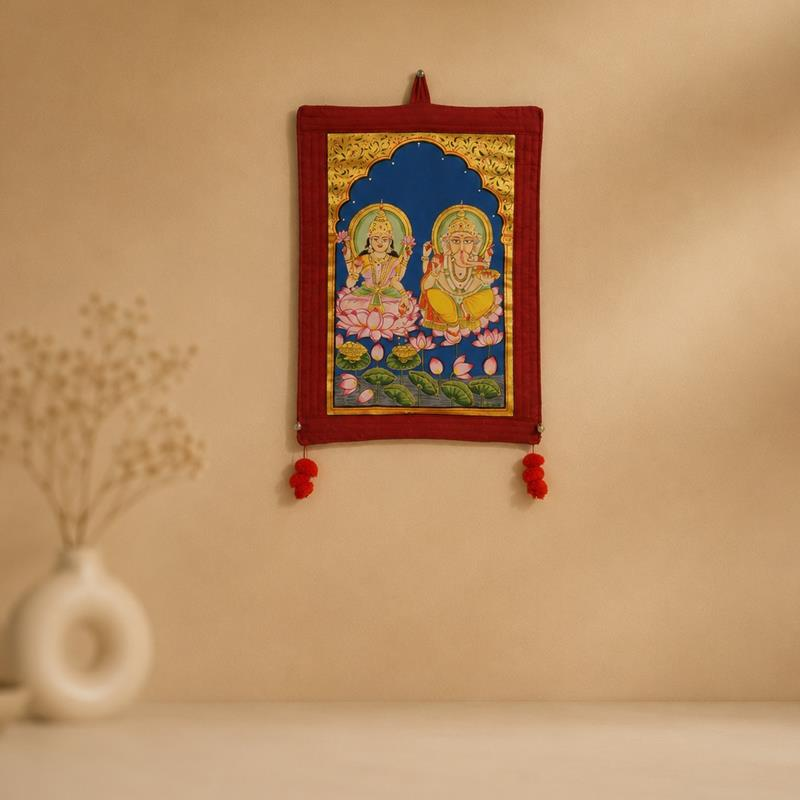 Pichwai Lakshmi And Ganesha Wall Scroll, handcrafted Pichwai (Rajasthan)