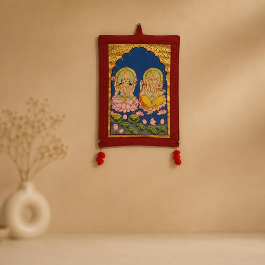 Pichwai Lakshmi And Ganesha Wall Scroll, handcrafted Pichwai (Rajasthan)