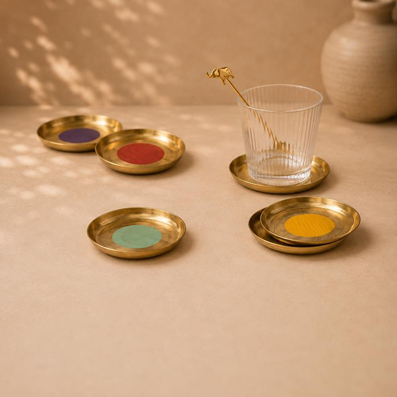 Enamel Brass Coaster Dabara Set, handcrafted Metal Craft