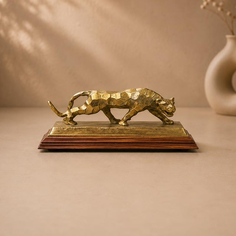 Metallic Leopard Sculpture With Base, handcrafted metal craft