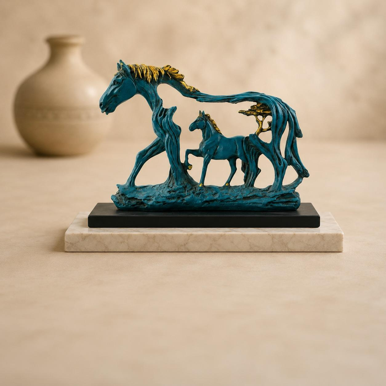 Resin Horse With Foal Sculpture (Teal), handcrafted resin