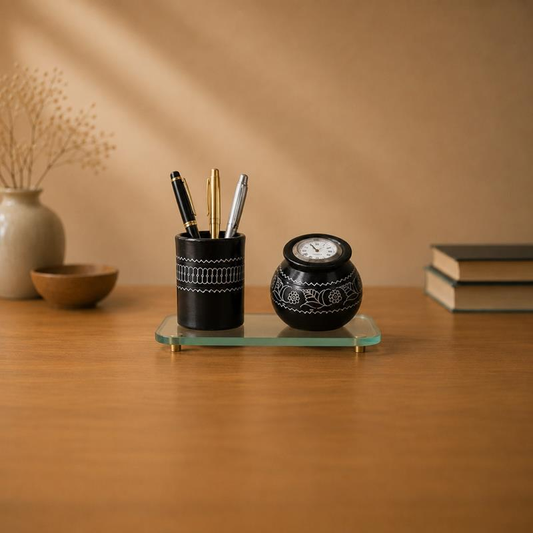 Samay Black Pottery Desk Set, handcrafted black pottery