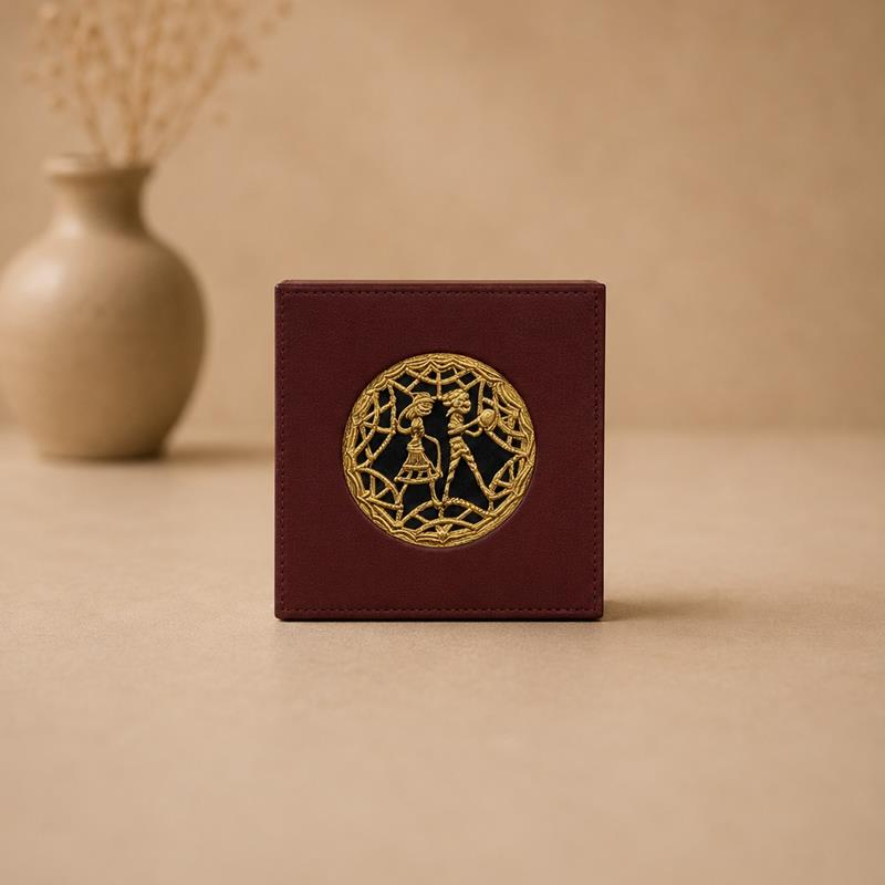 Paramparik Dhokra Art with Leather Table Top, handcrafted Dhokra metal casting