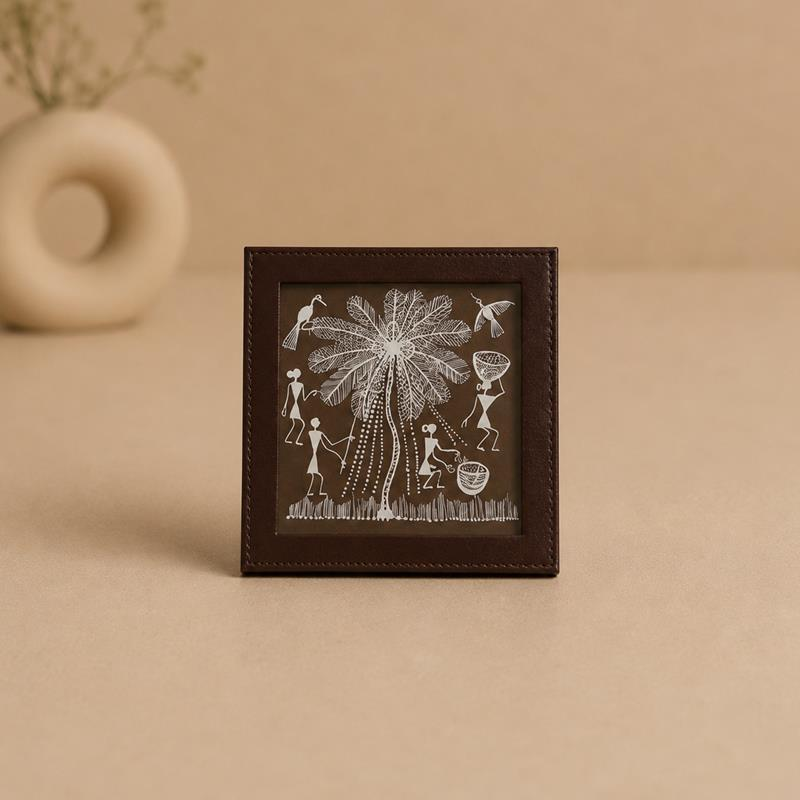 Warli Art with Leather Table Top, handcrafted Warli tribal painting