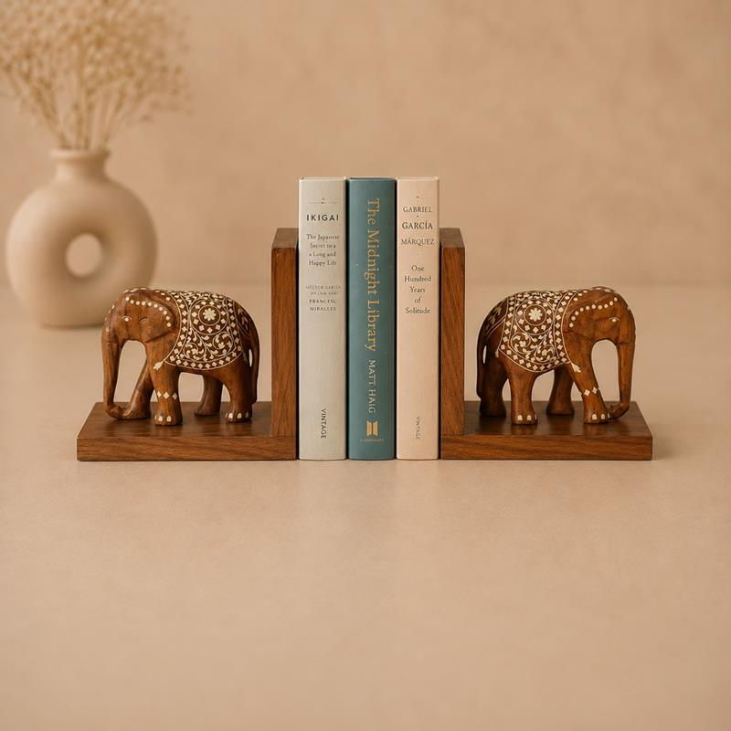 Gaja Inlaid Wood Elephant Bookends, handcrafted Punjab wooden inlay