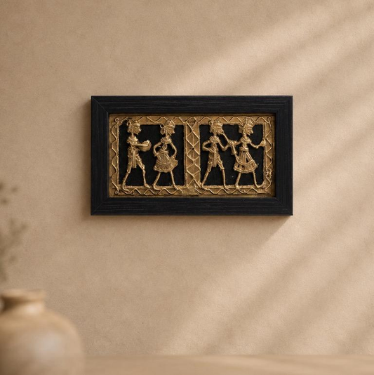 Sangam Vriksha Dhokra Tussar Framed Wall Art, handcrafted Dhokra and Tussar art