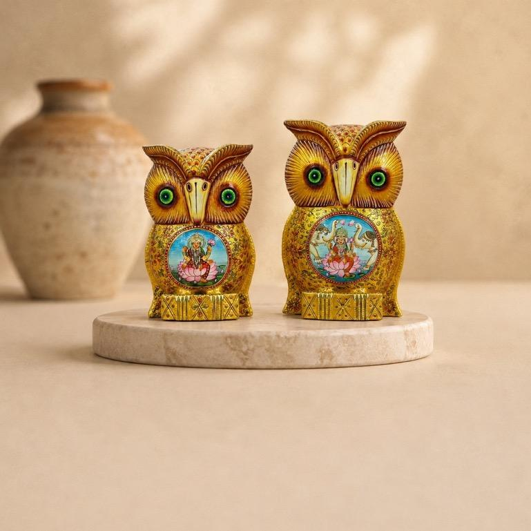 Usta Ulook, hand-painted owl pair figurine
