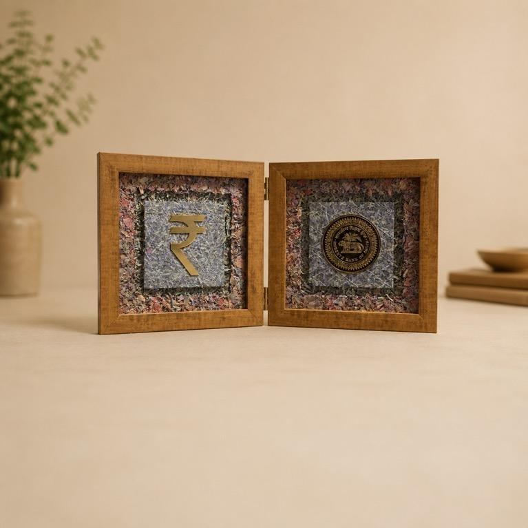Arthashastra Dual Frame, handcrafted metal Rupee symbol recognition piece