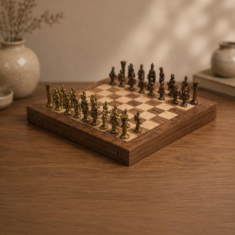Raj Chaturang Wooden Chess Set with metal figurine pieces