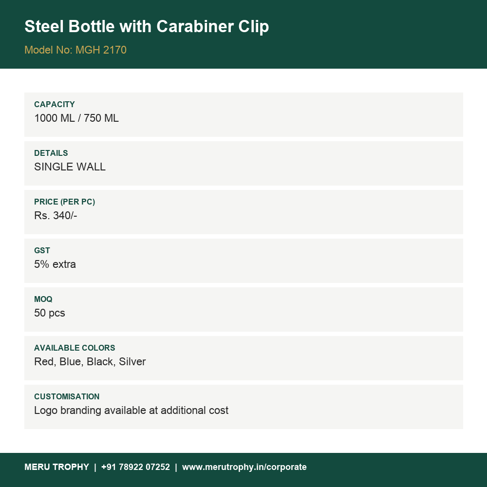 Steel Bottle with Carabiner Clip - spec card - Meru Trophy corporate gifting