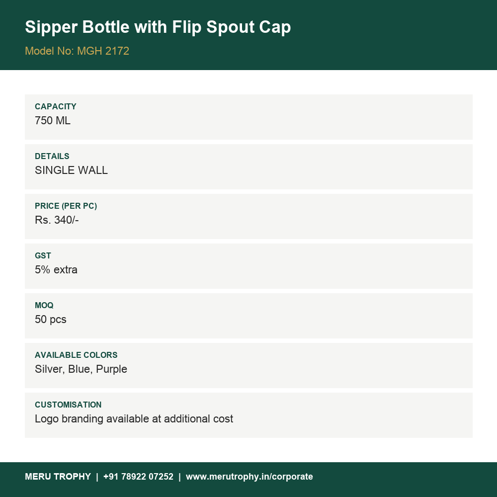 Sipper Bottle with Flip Spout Cap - spec card - Meru Trophy corporate gifting