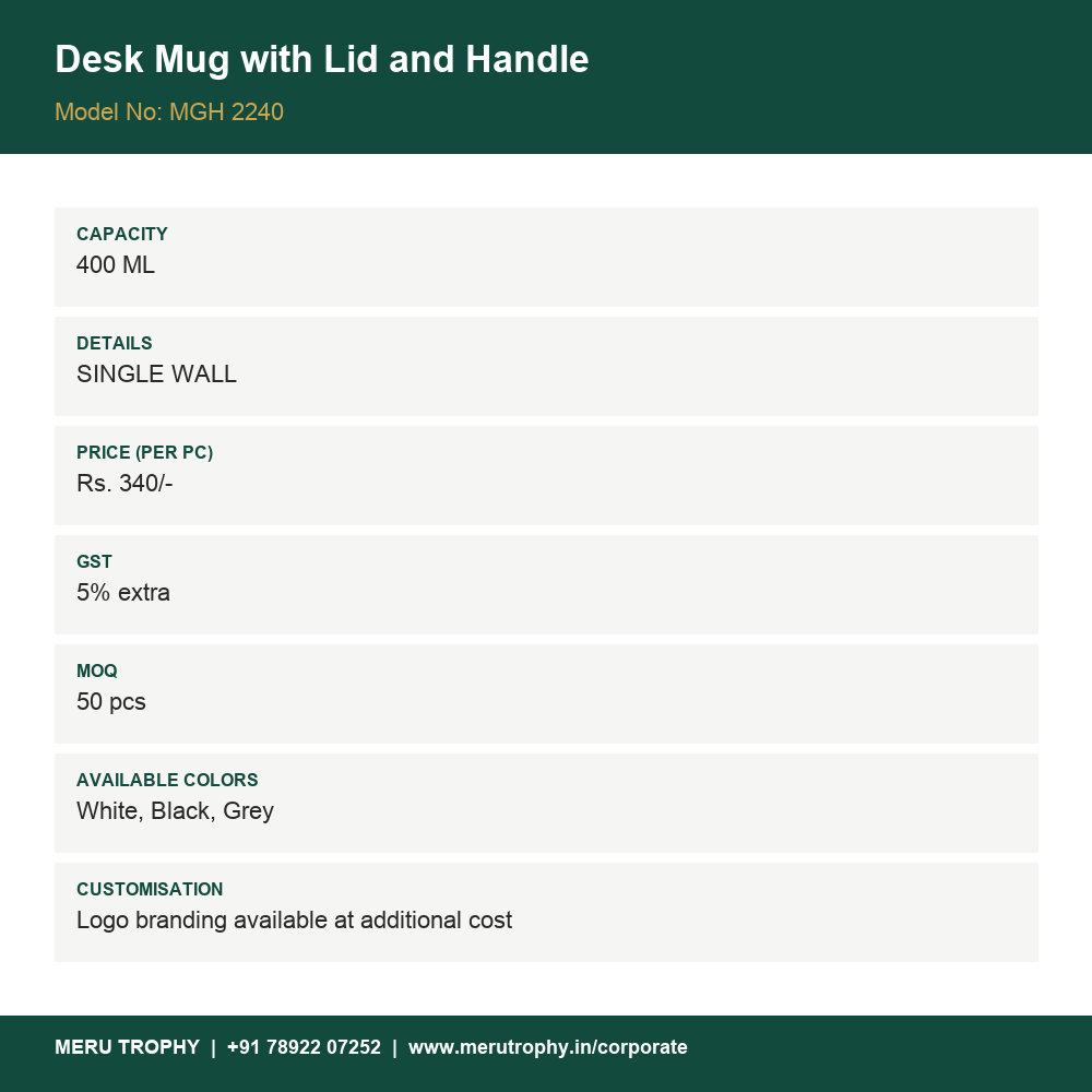 Desk Mug with Lid and Handle - product details card - Meru Trophy corporate gifting