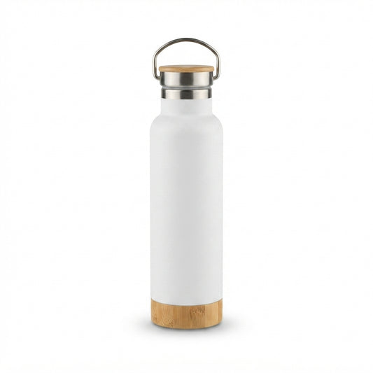 Bamboo Lid Vacuum Bottle with Carry Handle - White - Meru Trophy corporate gifting
