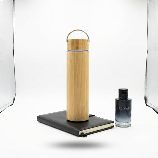Tall Bamboo Bottle with Steel Carry Handle - Bamboo - Meru Trophy corporate gifting