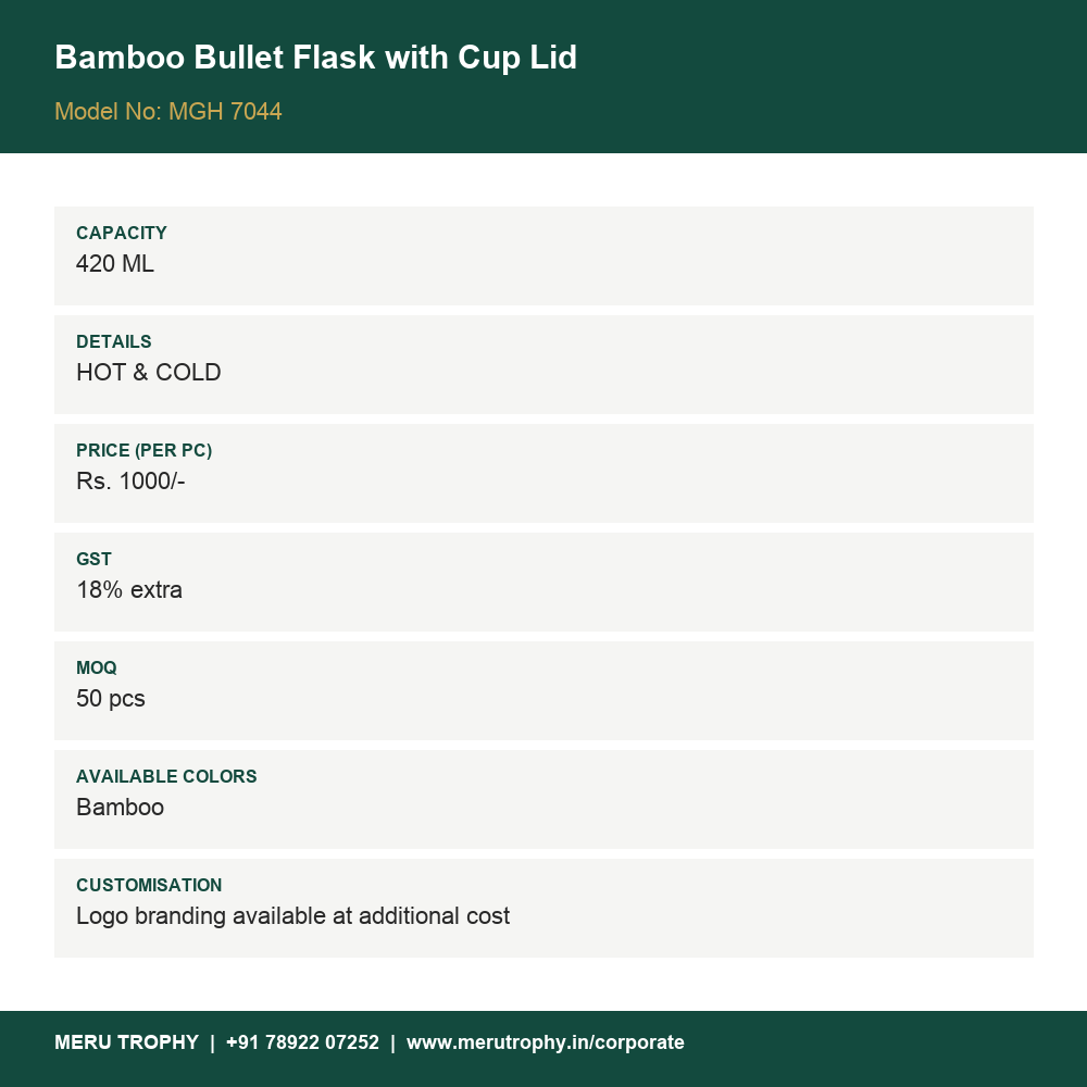 Bamboo Bullet Flask with Cup Lid - details card - Meru Trophy corporate gifting
