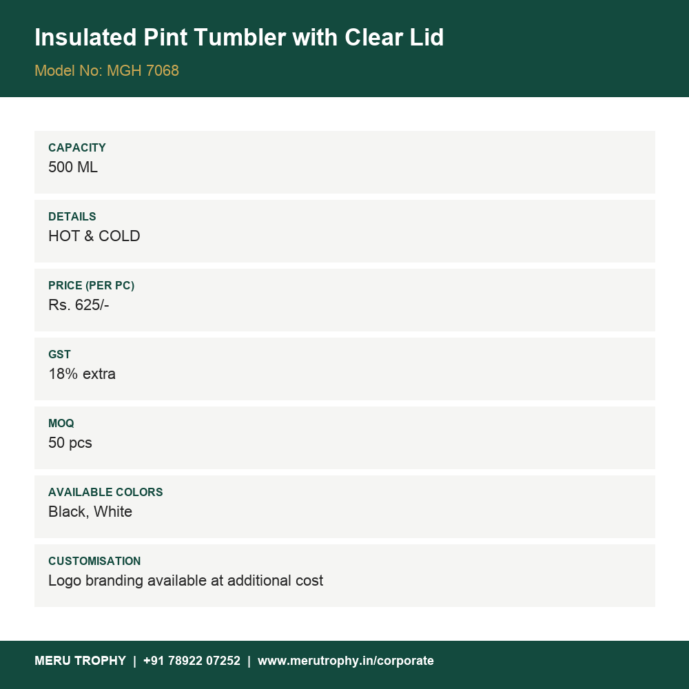 Insulated Pint Tumbler with Clear Lid - product details - Meru Trophy corporate gifting