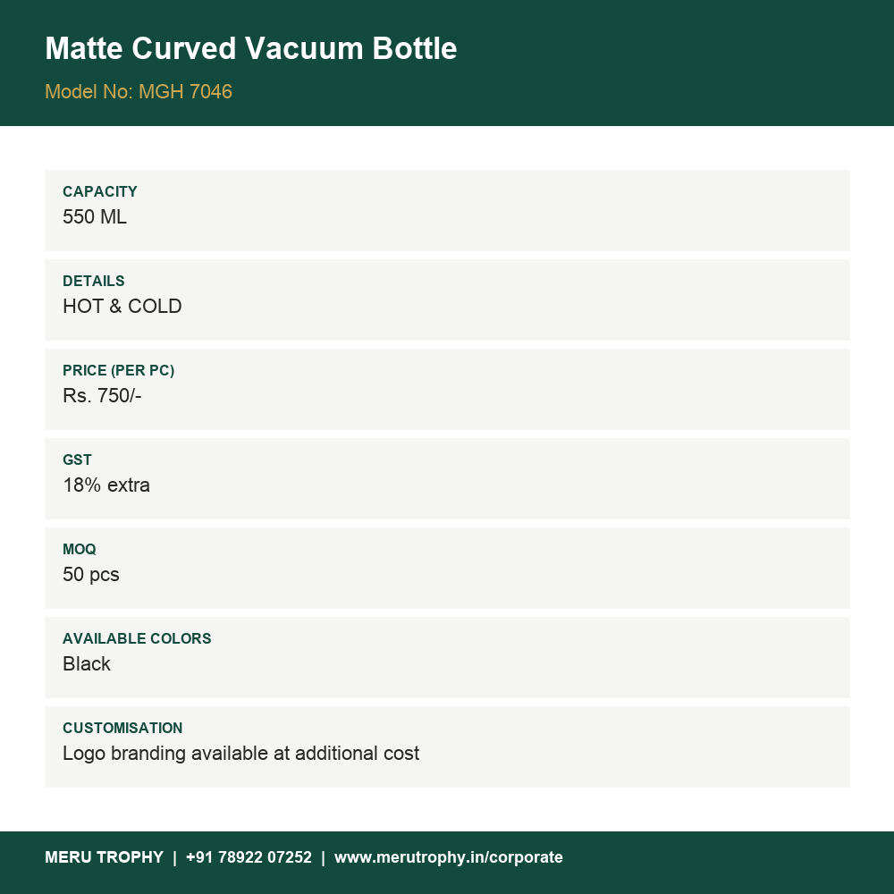 Matte Curved Vacuum Bottle - spec card - Meru Trophy corporate gifting