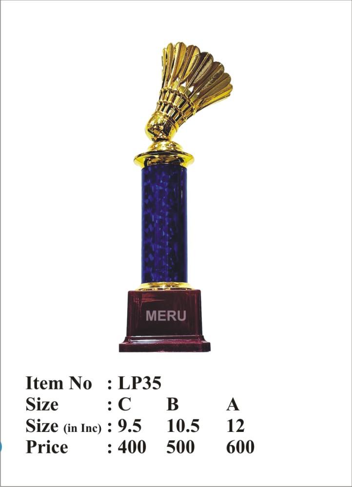 Golden badminton shuttlecock trophy; a beautiful fiber trophy design.