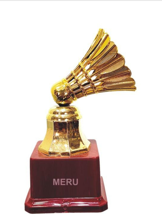 Gold badminton trophy with shuttlecock detail.