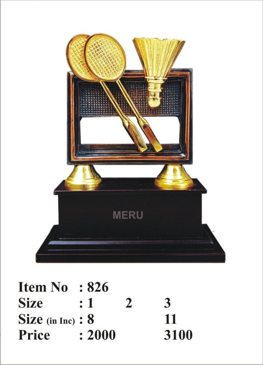Gold badminton trophy design; perfect for sports awards and fiber trophies.