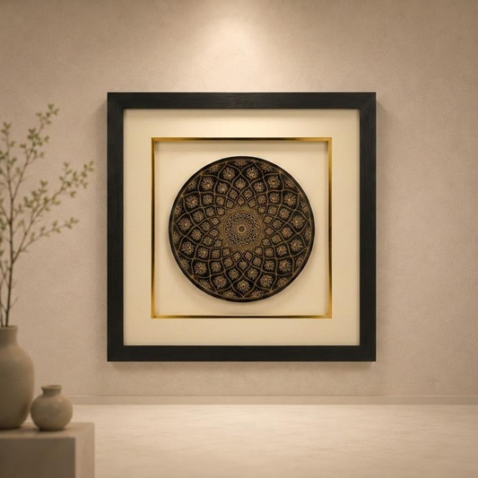 Bidri silver-inlaid wall disc, framed, handcrafted metal art from Bidar Karnataka