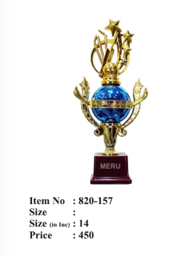 Blue and gold acrylic trophy with a globe design; perfect for recognizing achievements. Fiber trophies.