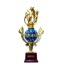 Blue and gold acrylic trophy with a globe design; perfect for recognizing achievements. Fiber trophies.
