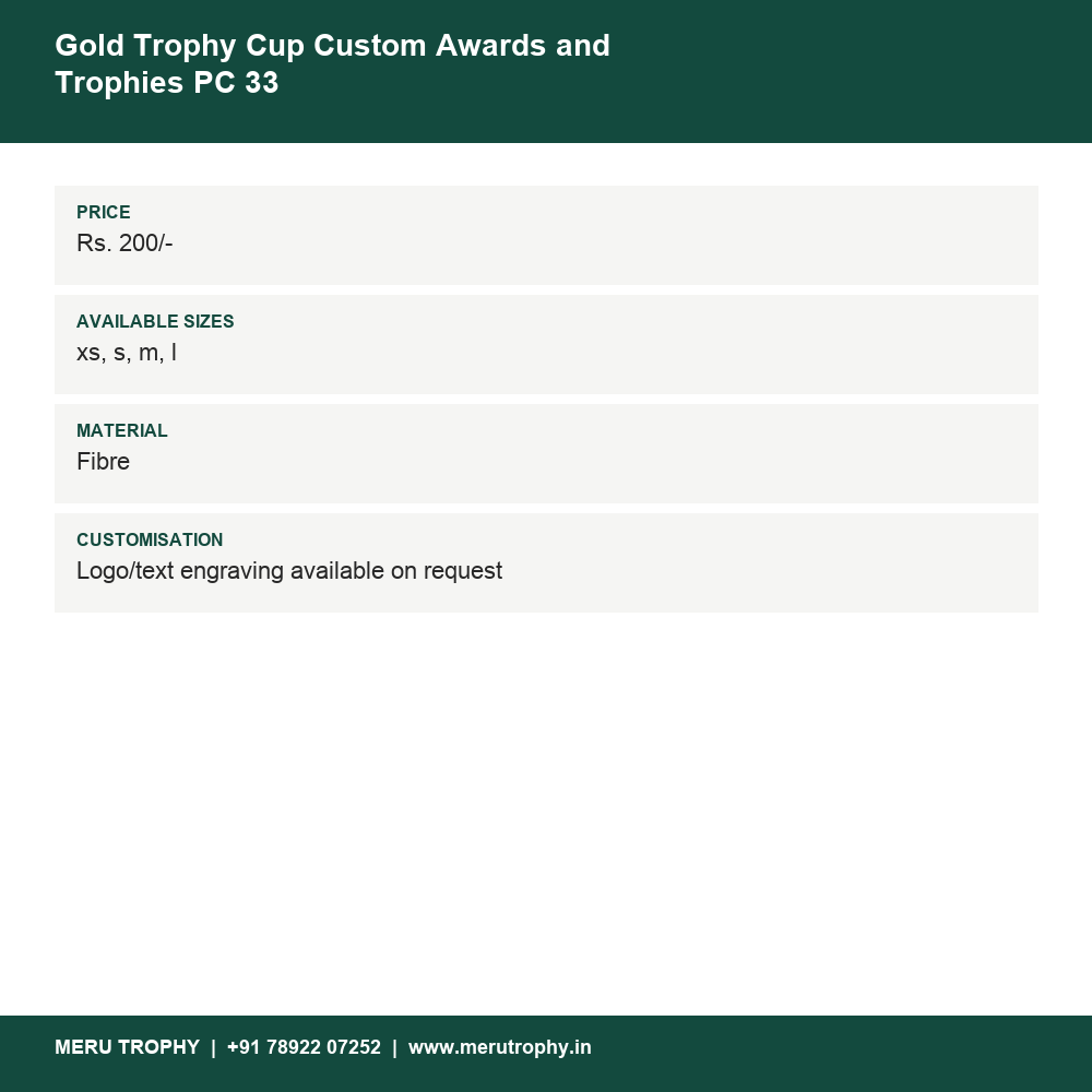 Gold Trophy Cup Custom Awards and Trophies PC 33 details - Meru Trophy
