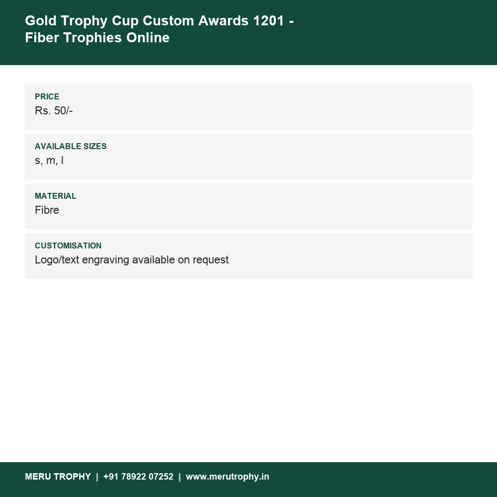 Gold Trophy Cup Custom Awards 1201 - Fiber Trophies Online details - Meru Trophy