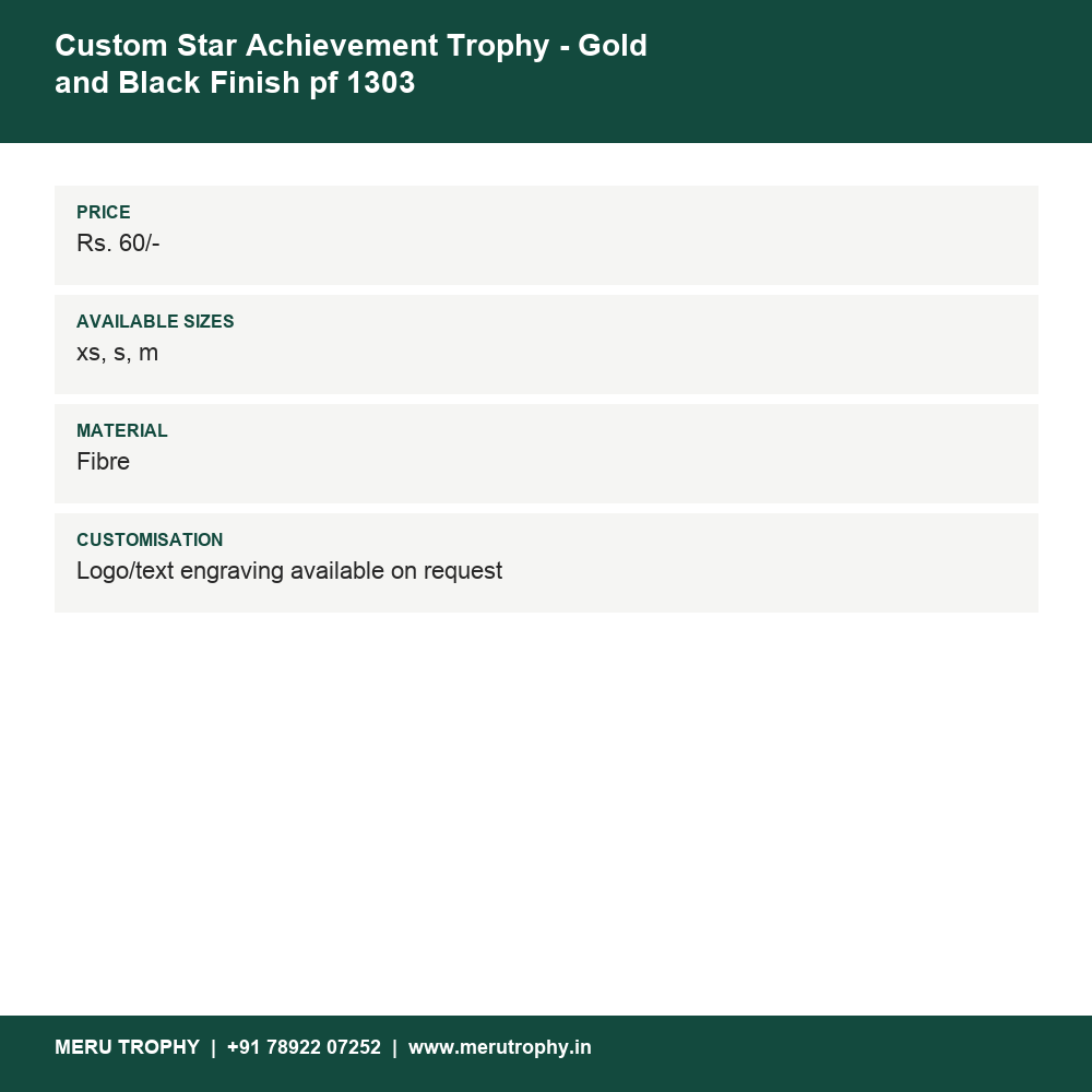 Custom Star Achievement Trophy - Gold and Black Finish pf 1303 details - Meru Trophy
