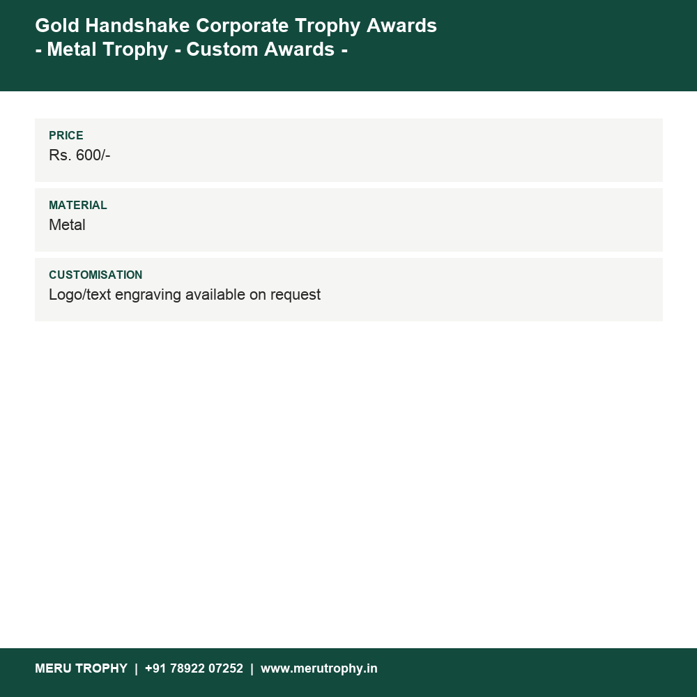 Gold Handshake Corporate Trophy Awards - Metal Trophy - Custom Awards - Employee Recognition AM 10 details - Meru Trophy