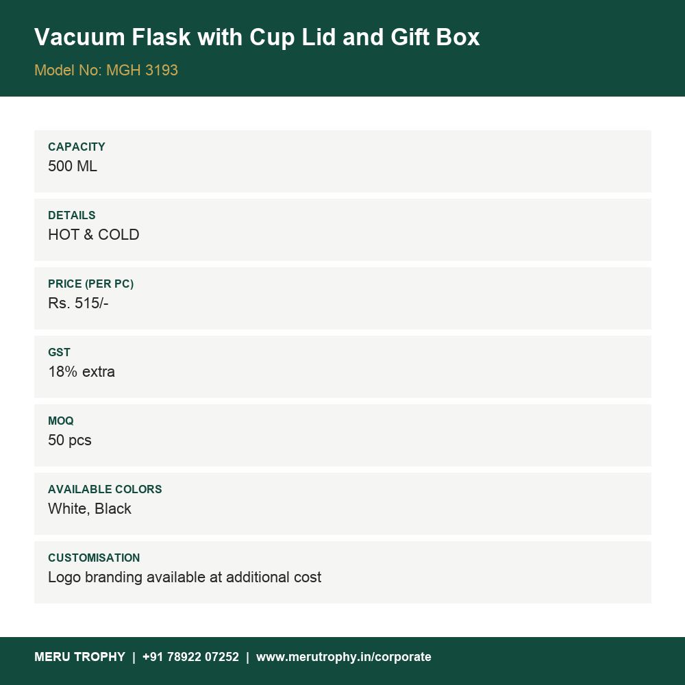 Vacuum Flask with Cup Lid and Gift Box - product details - Meru Trophy corporate gifting