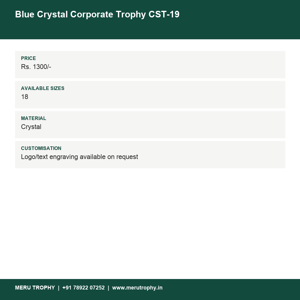 Blue Crystal Corporate Trophy CST-19 details - Meru Trophy