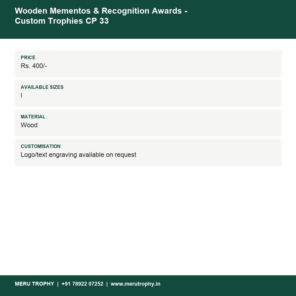 Wooden Mementos & Recognition Awards CP 33 details - Meru Trophy