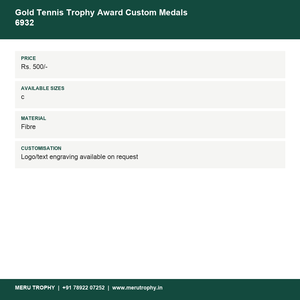 Gold Tennis Trophy Award Custom Medals  6932 details - Meru Trophy