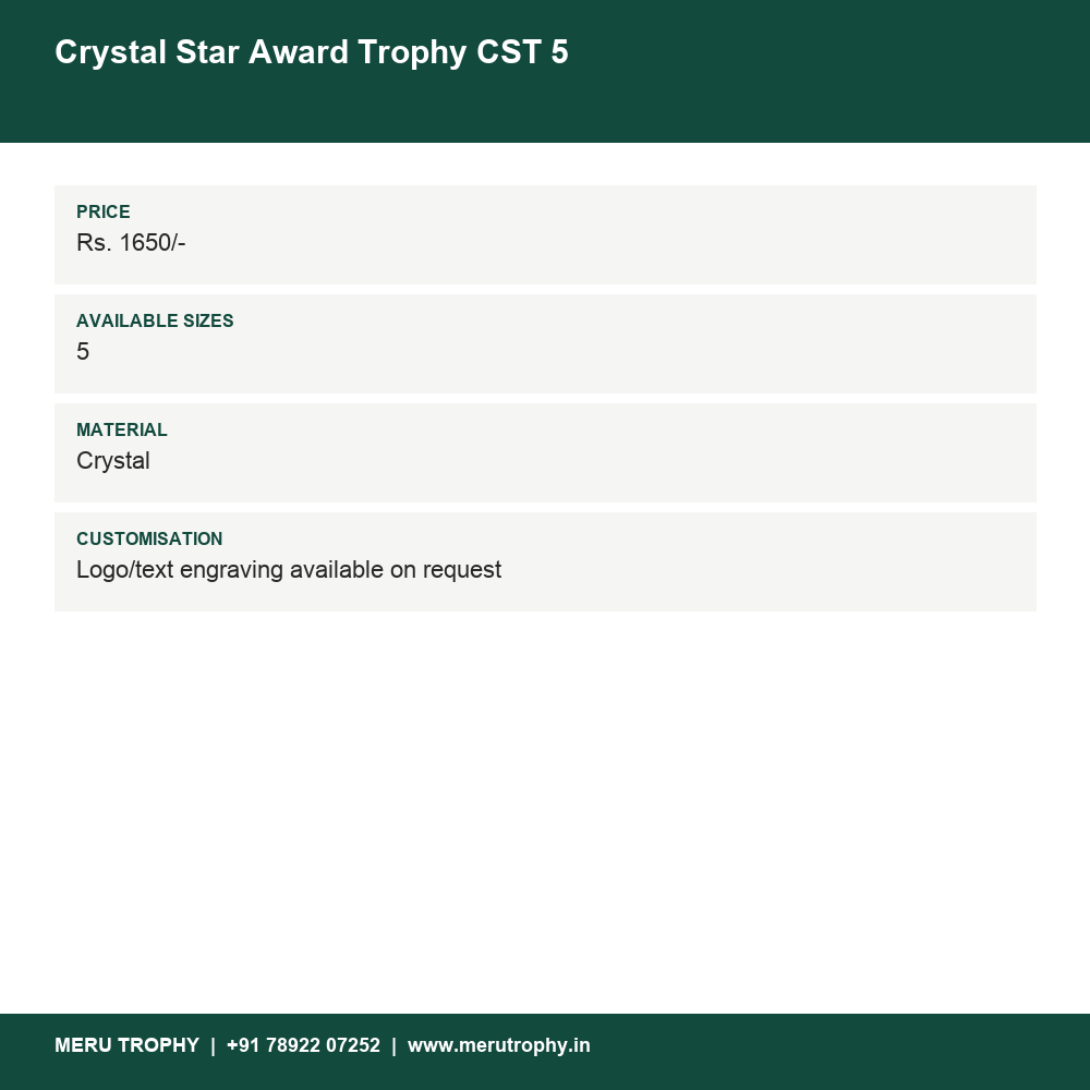 Crystal Star Award Trophy CST 5 details - Meru Trophy