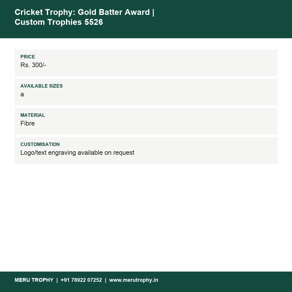 Cricket Trophy: Gold Batter Award | Custom Trophies 5526 details - Meru Trophy