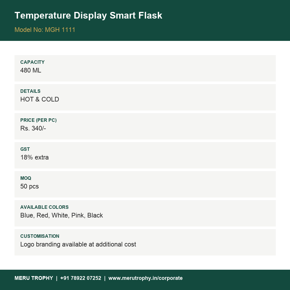 Temperature Display Smart Flask - specification card - Meru Trophy corporate gifting