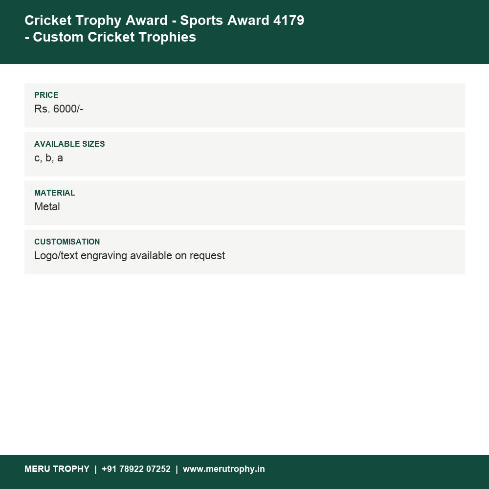 Cricket Trophy Award - Sports Award 4179 - Custom Cricket Trophies details - Meru Trophy