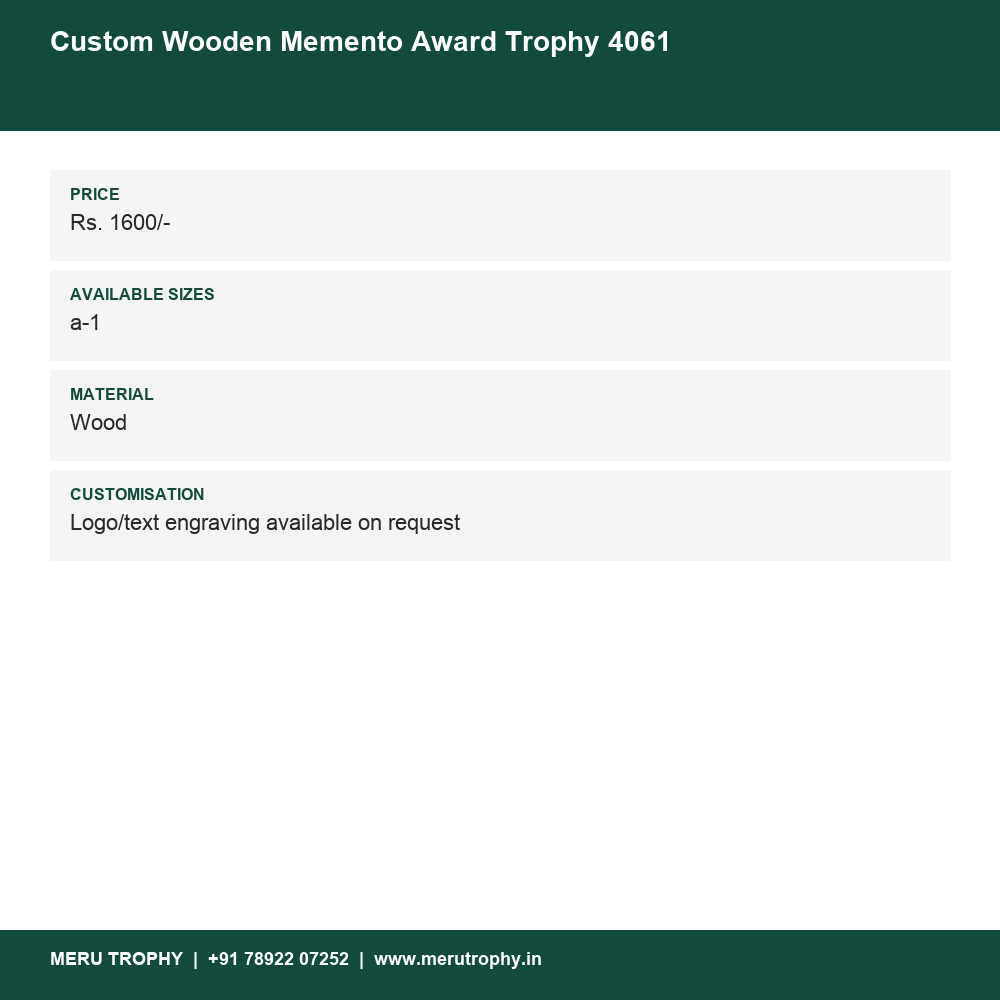 Custom Wooden Memento Award Trophy 4061 details - Meru Trophy