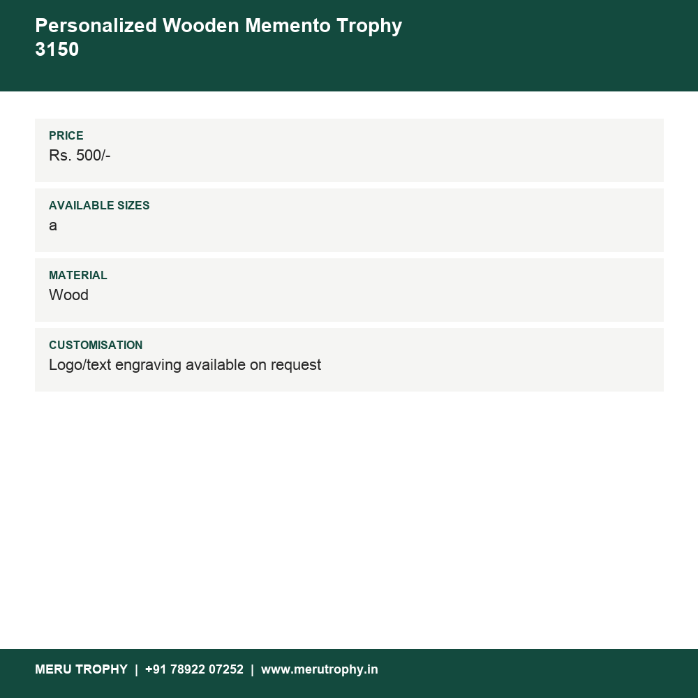 Personalized Wooden Memento Trophy 3150 details - Meru Trophy