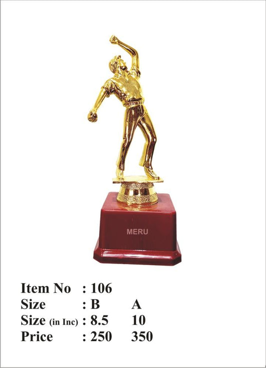 Gold cricket trophy featuring a dynamic bowler.