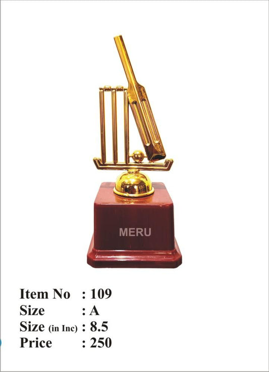 Golden cricket trophy award; perfect for recognizing athletic achievements and showcasing fiber trophies.