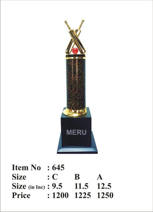 Cricket trophy with crossed bats and ball; perfect for sports awards.