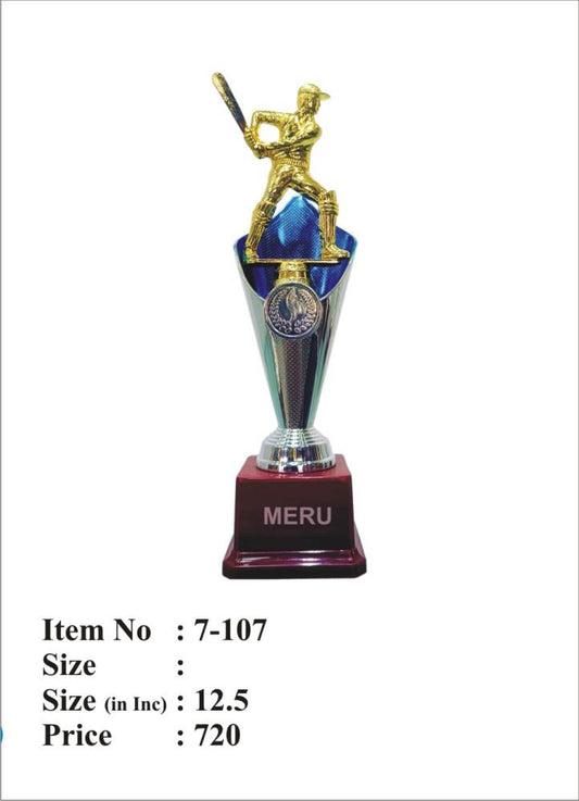 Gold batsman cricket trophy on a blue and silver cup; perfect for sports awards.