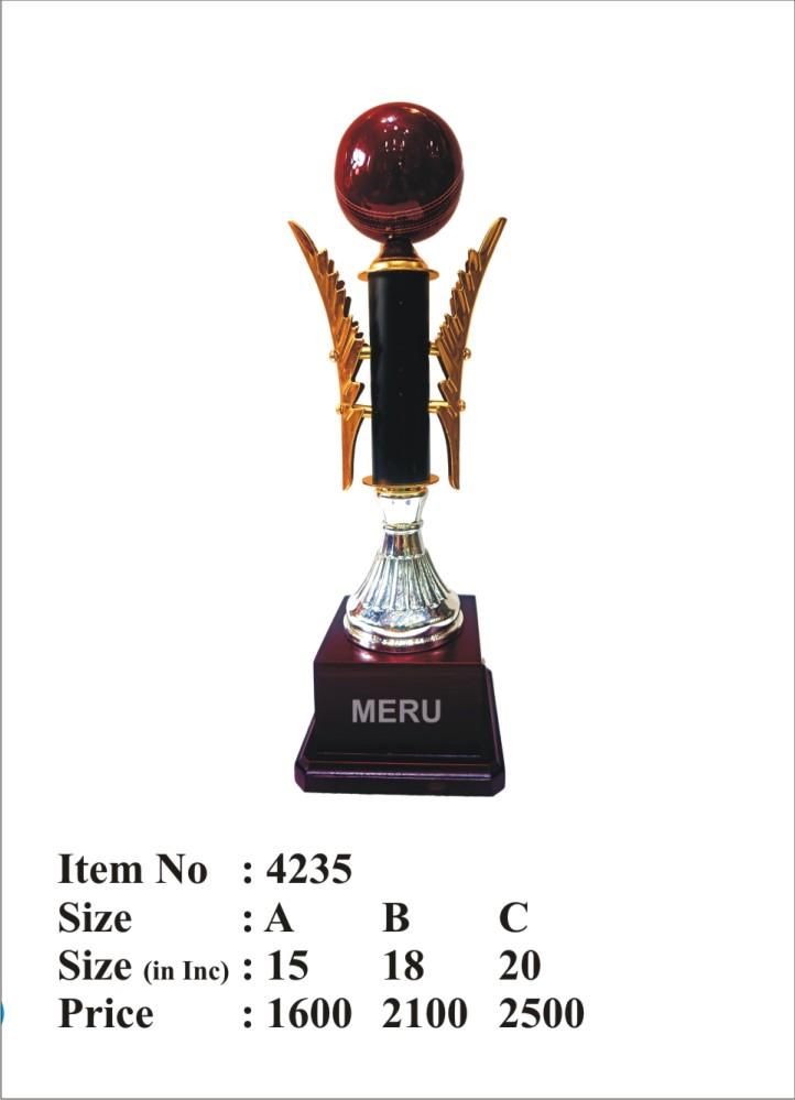 Image of a detailed metal cricket trophy with a maroon ball and golden wings.