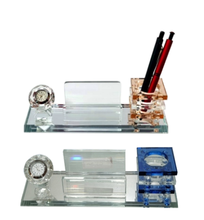 Crystal desk organizer trophy with clock and pen stand.