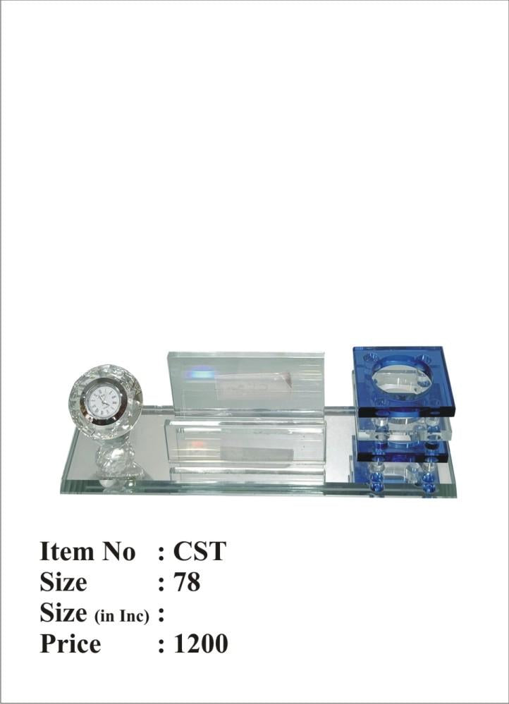 Crystal Trophy Desk Set - Corporate Award with Clock and Pen Stand