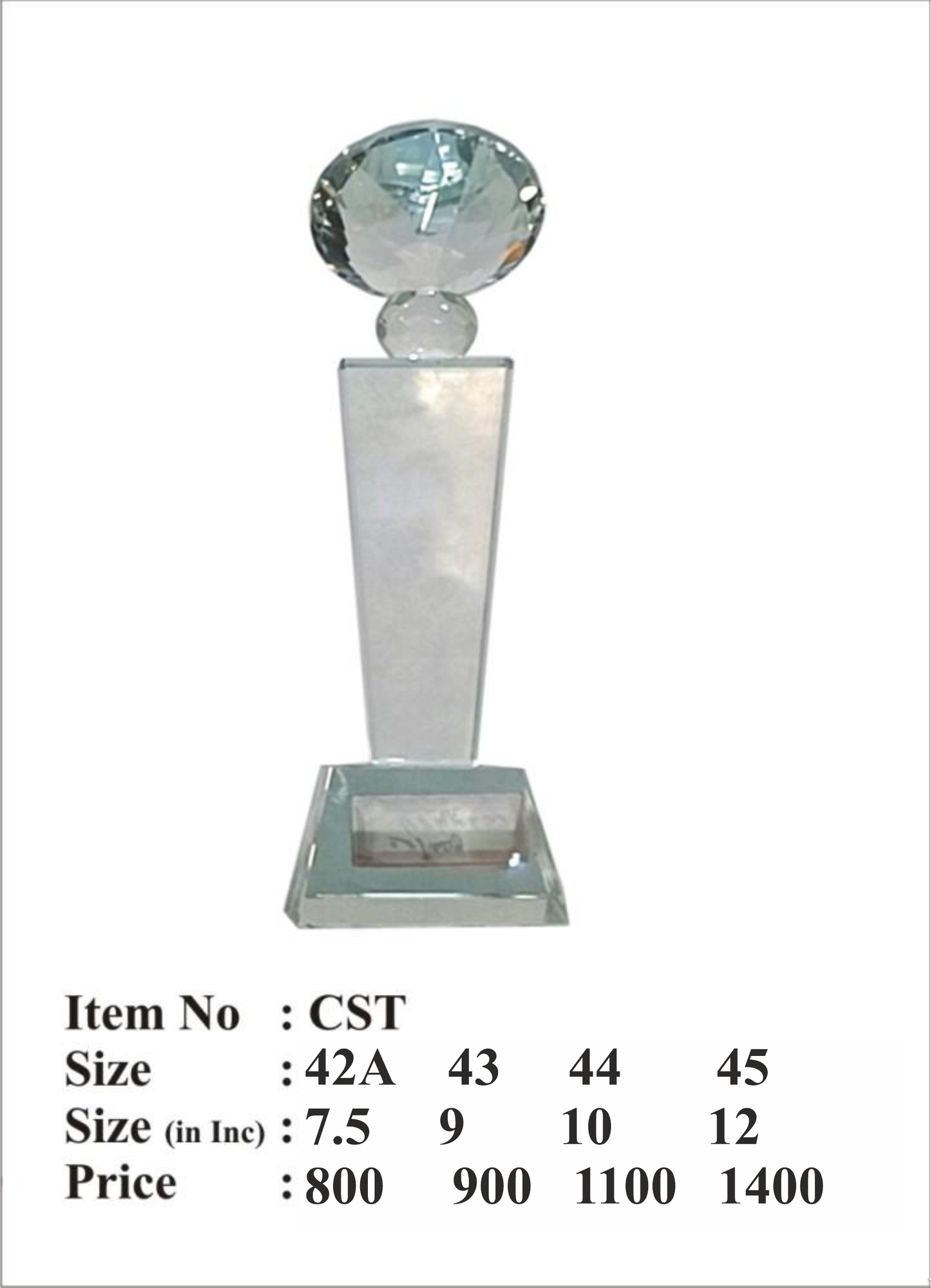 Elegant crystal trophy with a globe finial; ideal for corporate recognition and awards.